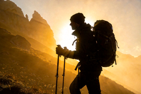 晨曦中，徒步者的剪影与专业背包、登山杖在金色阳光下的艺术构图